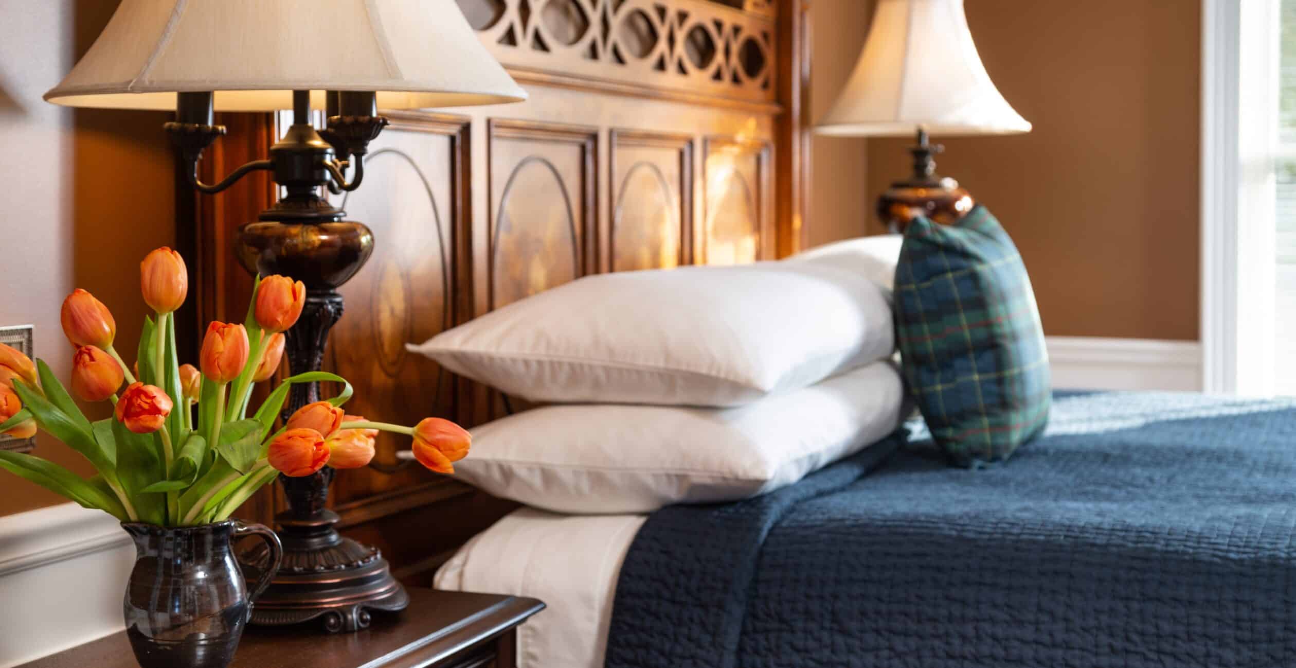 Luxurious linens complete The Amos Suite at our Searsport Bed and Breakfast