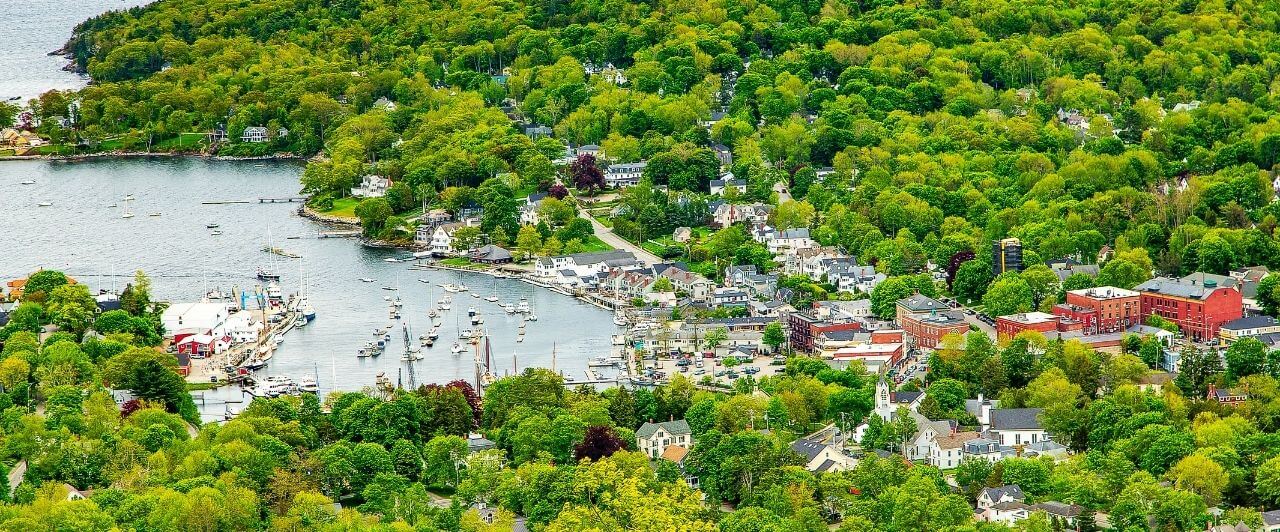 An aerial view of Camden ME Harbor
