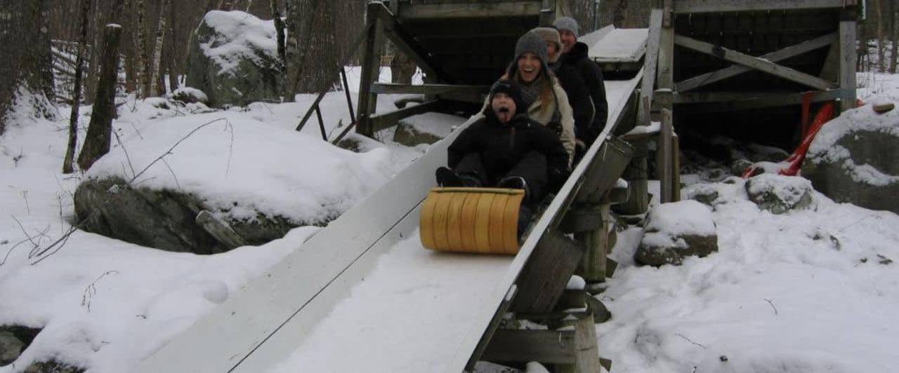 Family on wooden toboggan going down wooden run screaming and laughing 