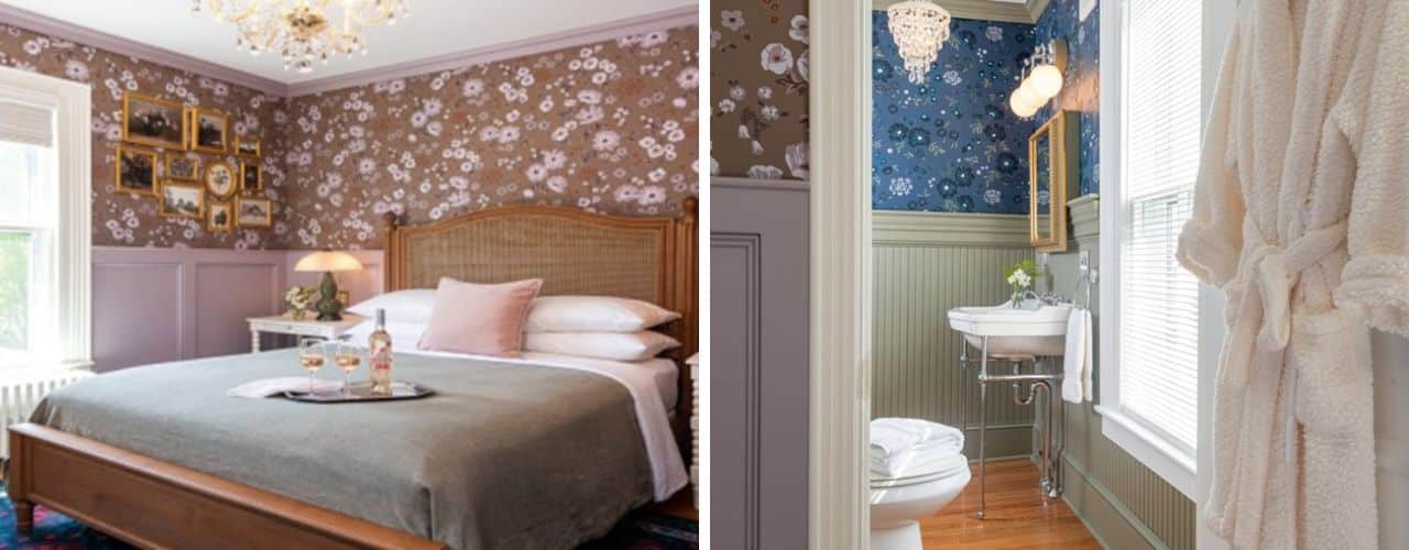 One showing the bedroom with brown and pink floral wallpaper, wainscotting, and the bed with a tray holding wine and two glasses. The other photo shows the bathroom pedestal sink, blue floral wallpaper, coordinated wainscotting, chandelier, and a fluffy robe.