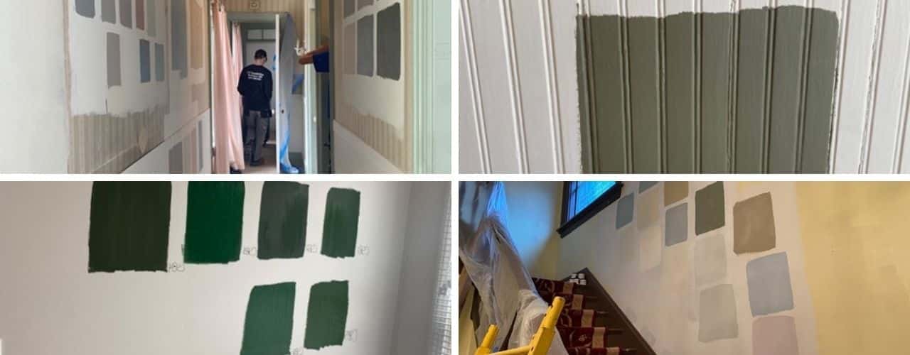  4 pictures; one of the hallway with many paint samples on either side and worked at end of the hall, one with wainscotting and green paint sample, one with wall and 6 different shades of green, one with stairs and 13 different shades of paint on the wall next to a window. 