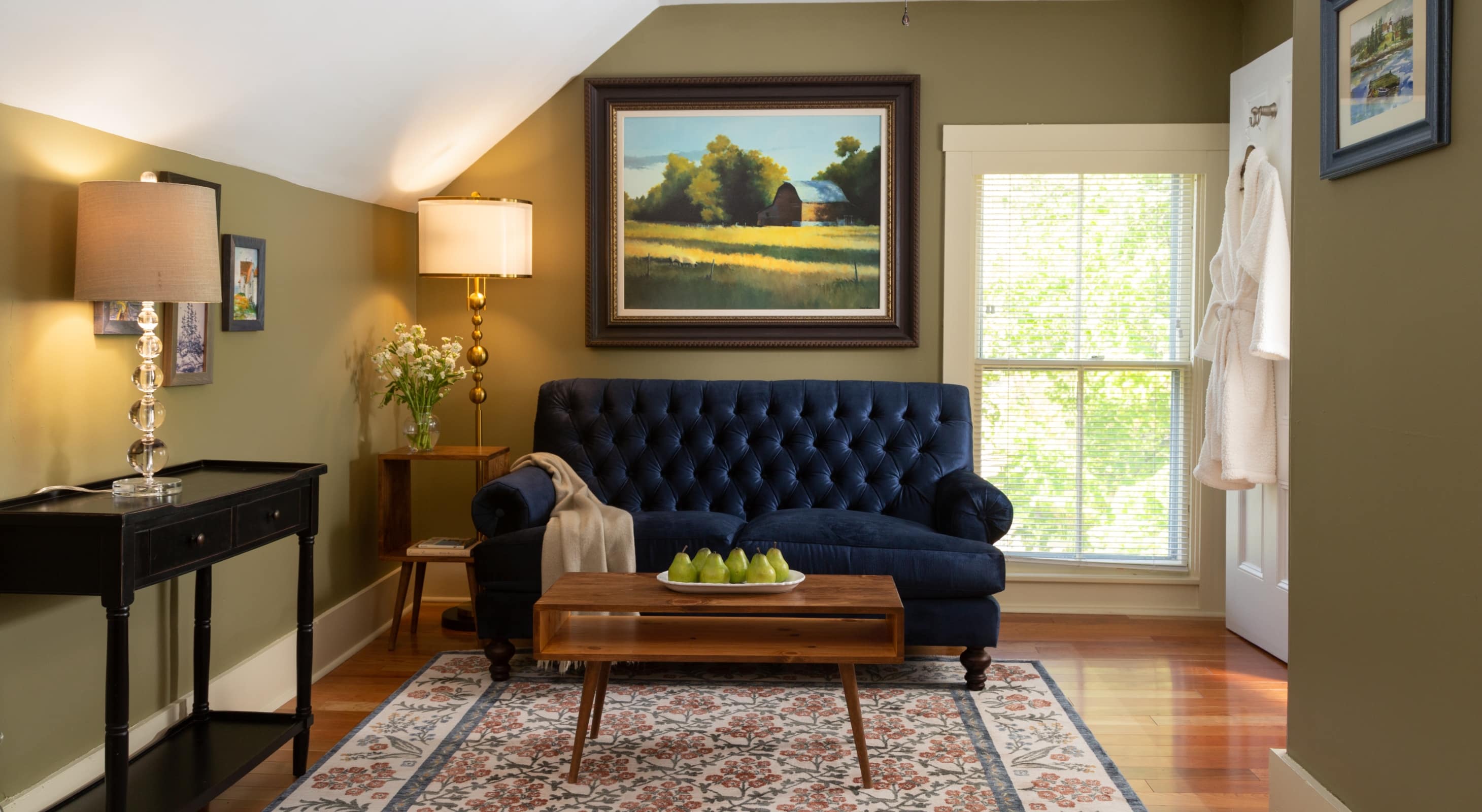 Blue sofa with tables in a sitting room