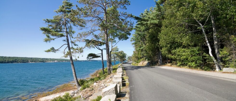 A coastal view of Sergeant Drive along the border of Somes Sound in Maine