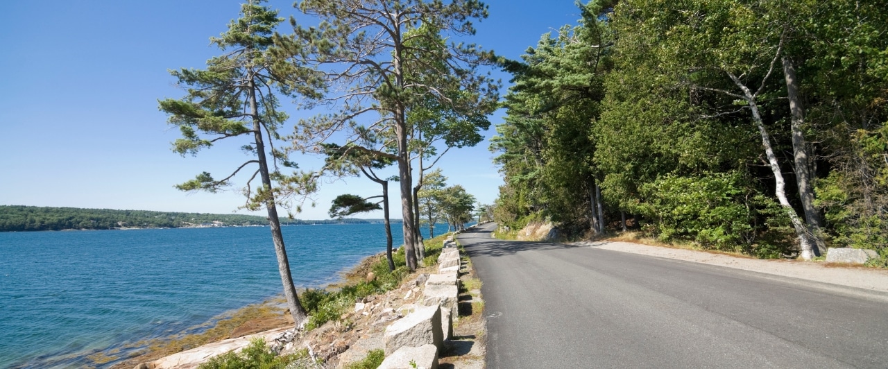 A coastal view of Sergeant Drive along the border of Somes Sound in Maine